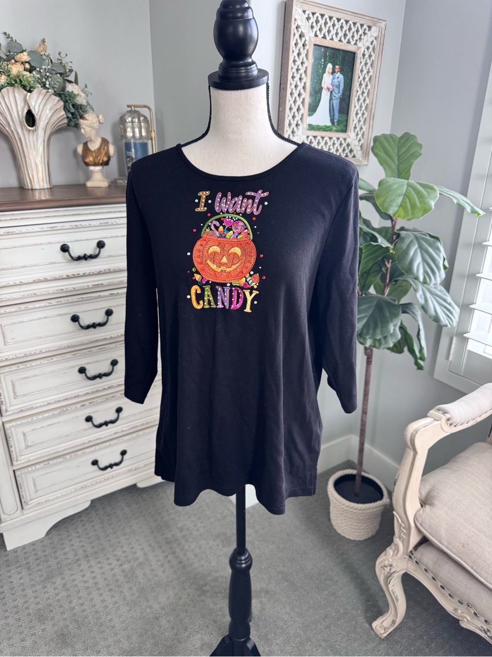 Quacker Factory “I Want Candy” Halloween Top Women’s Medium